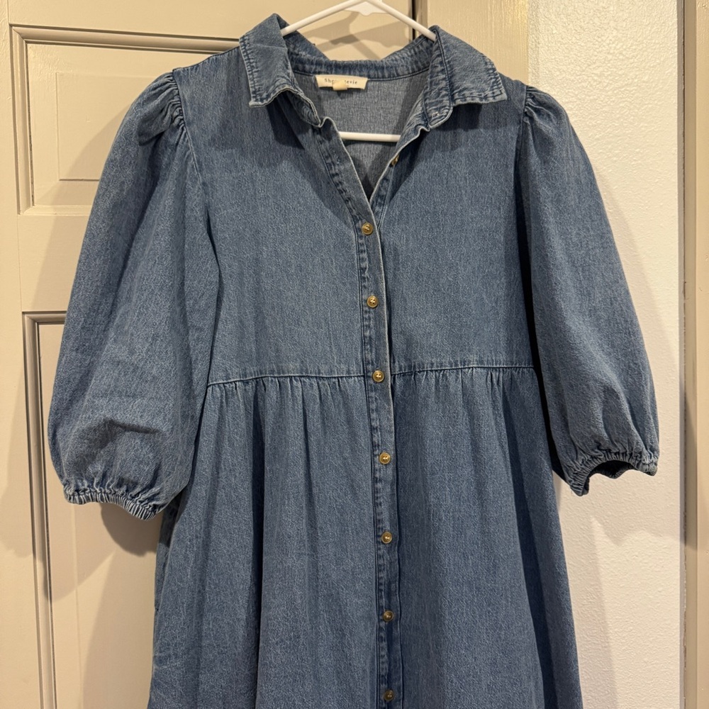 Shop Stevie denim dress button front puff sleeve S